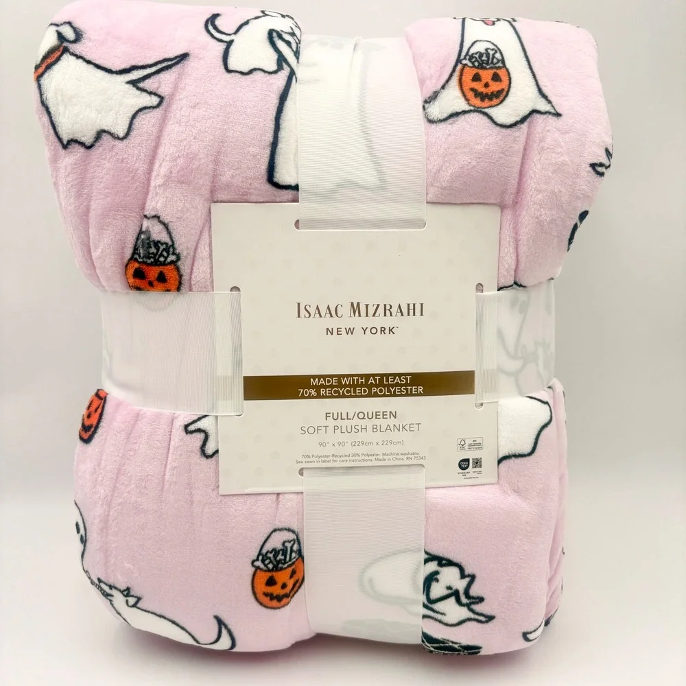 Isaac Mizrahi Halloween Pink Ghost Dog Plush Blanket Full Queen Summerween NEW